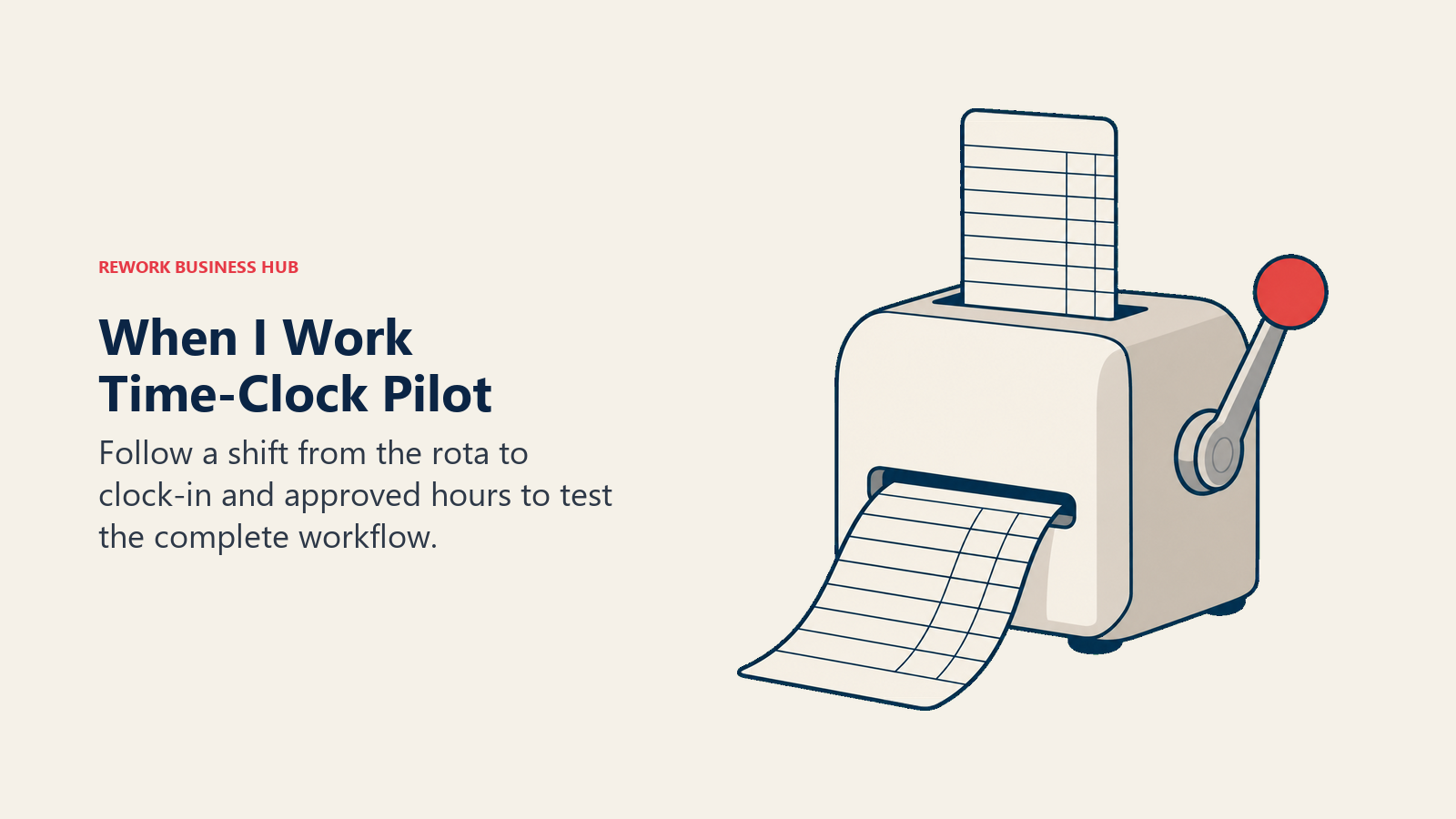 Shift card passing through a punch clock into a timesheet illustrating a When I Work workflow pilot