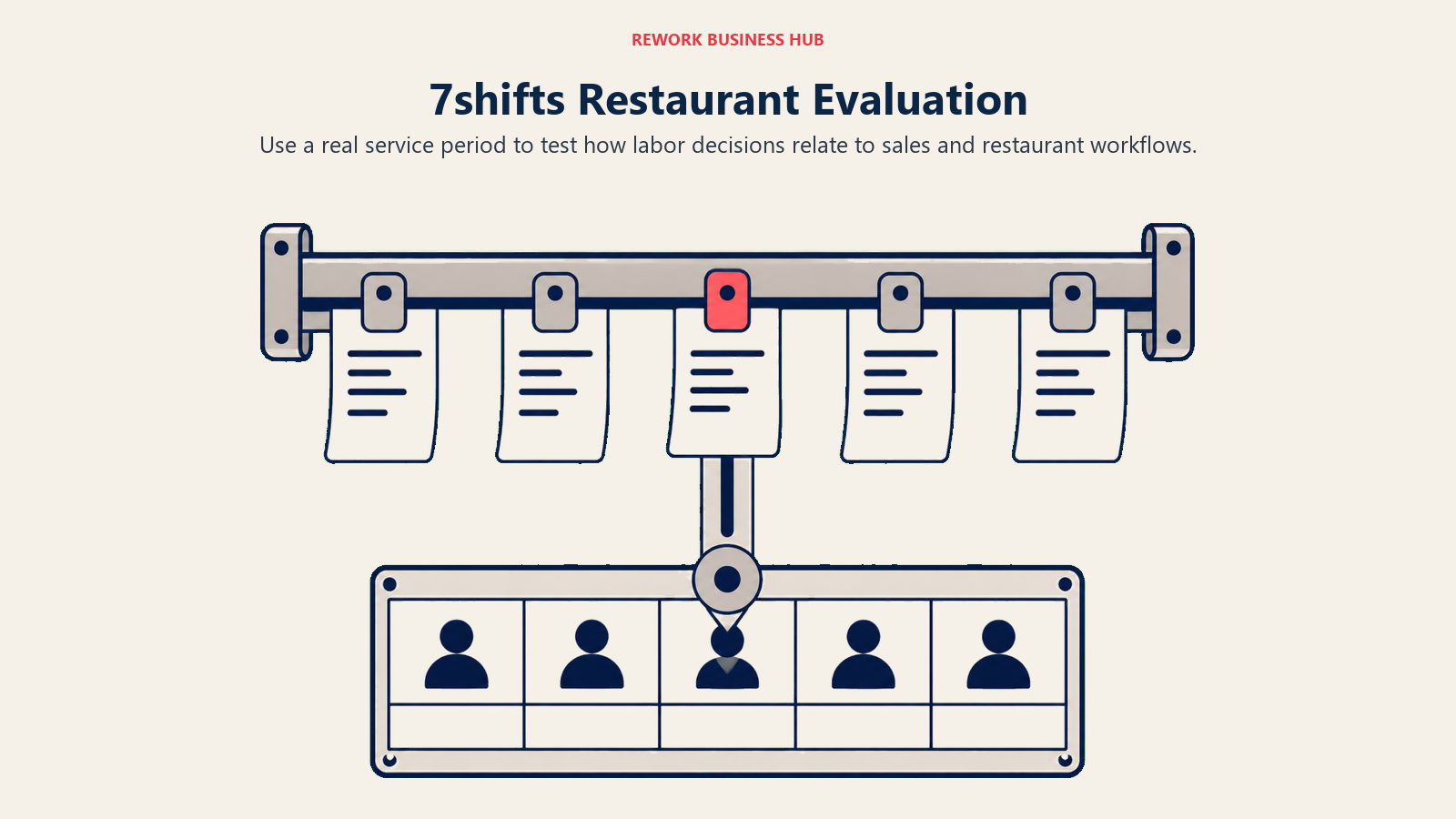 Restaurant order rail aligned to staffing slots illustrating a 7shifts labor evaluation