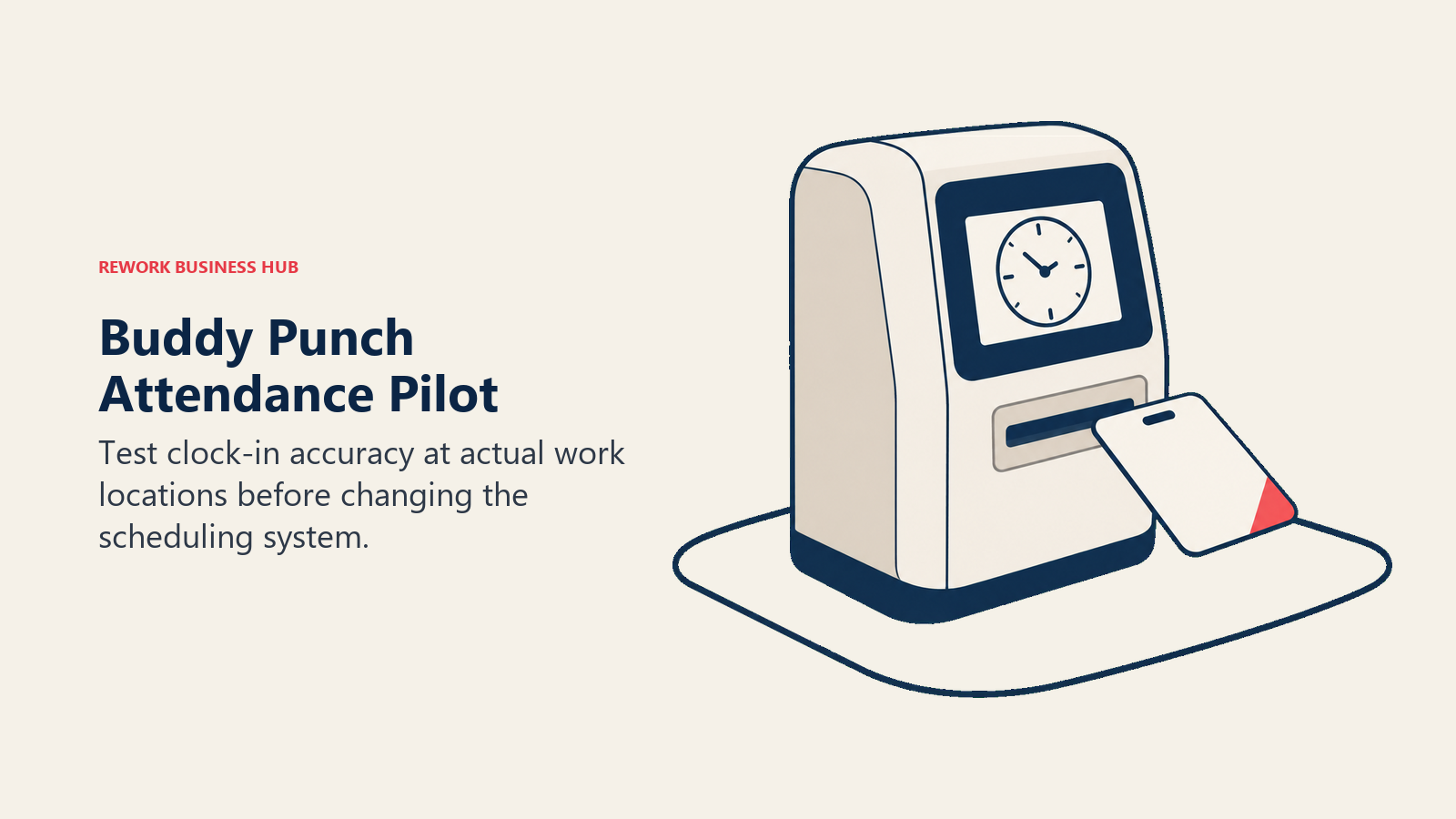 Punch-clock device and badge within a location boundary illustrating a Buddy Punch attendance pilot