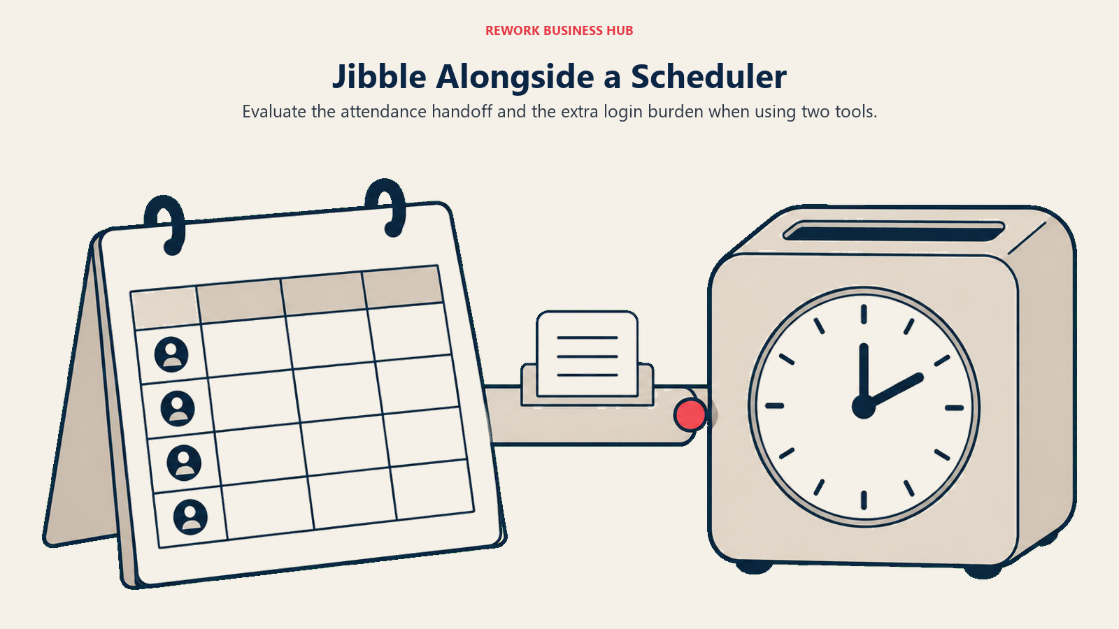 Separate rota and time-clock log joined by a removable handoff bridge illustrating a two-tool Jibble evaluation