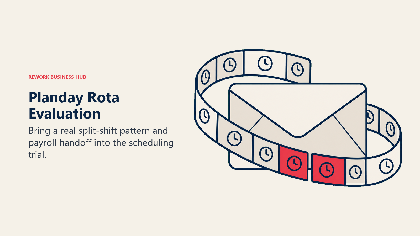 Shift ribbon with a split segment around a payroll envelope illustrating a Planday rota trial