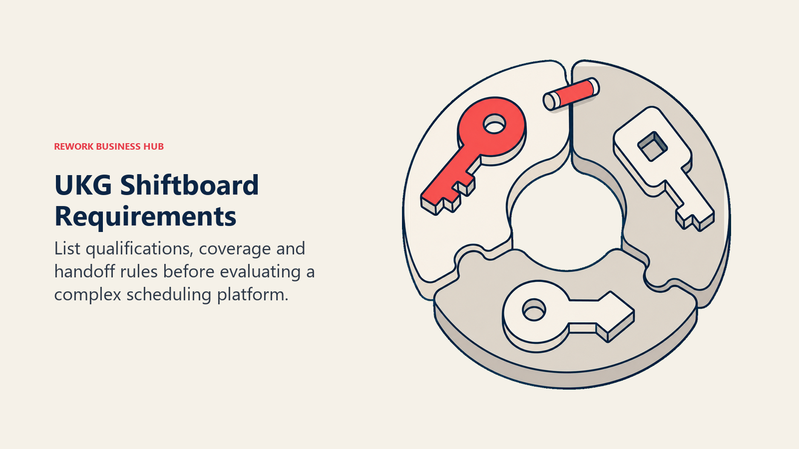 Credential keys and a handoff baton in a coverage wheel illustrating UKG Shiftboard requirements