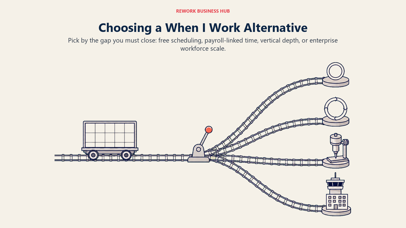 When I Work alternative decision framework shown as a schedule cart switching toward free, payroll, specialist, or enterprise tracks