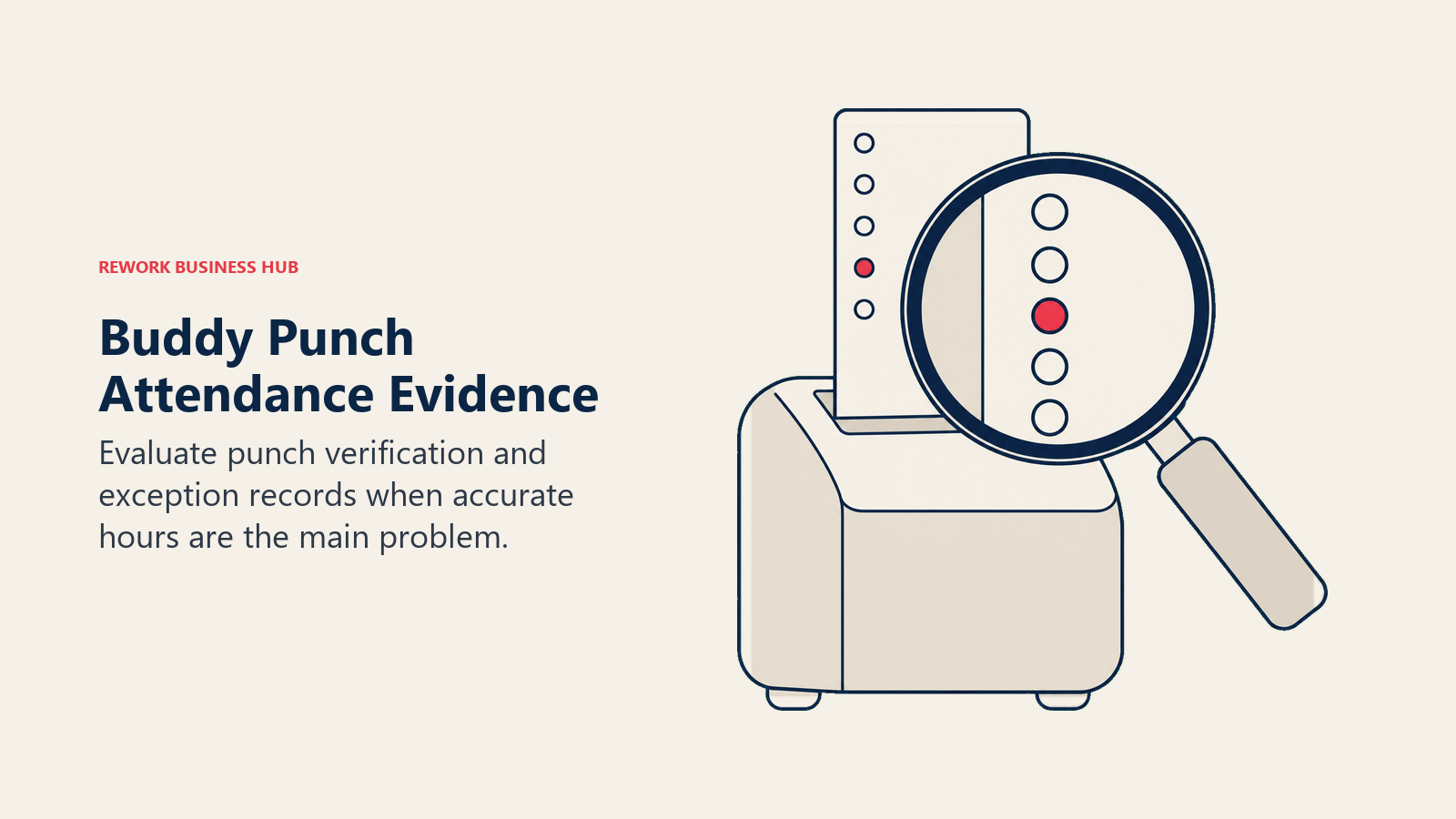 Evidencia de asistencia de Buddy Punch ilustrada con una gran lupa que inspecciona una tarjeta de fichaje en blanco que emerge de una terminal de reloj de bordes redondeados