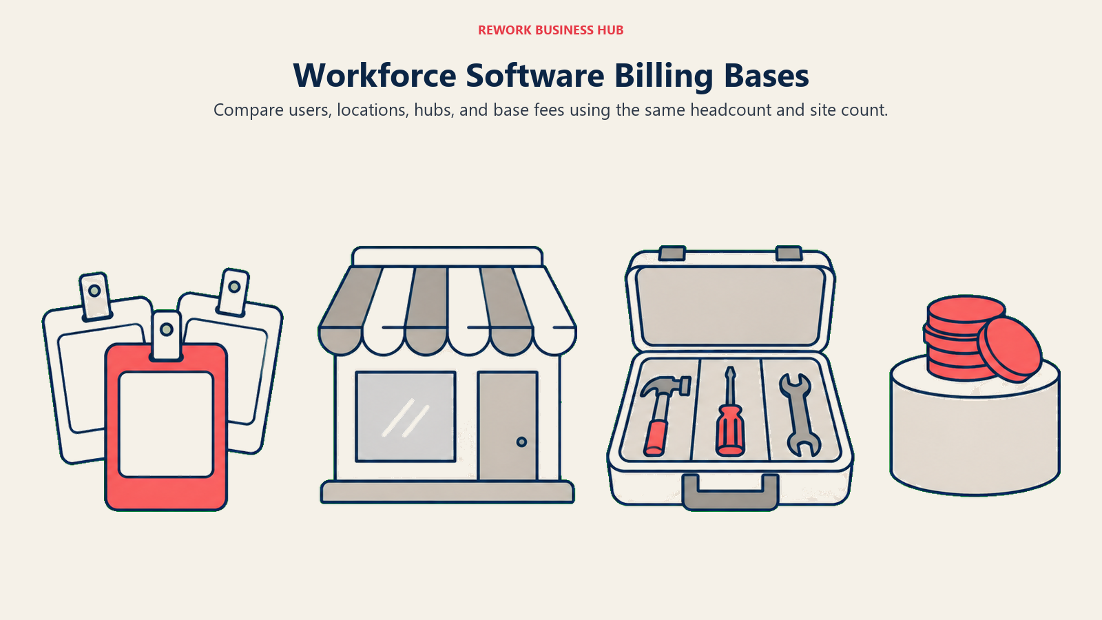 Bases de facturación del software de fuerza laboral ilustradas con cuatro objetos de facturación distintos en una naturaleza muerta horizontal y despejada: un grupo de credenciales de empleado en blanco, una tienda, un estuche de herramientas de tres compartimentos y un pedestal fijo que sostiene unos pocos discos de monedas