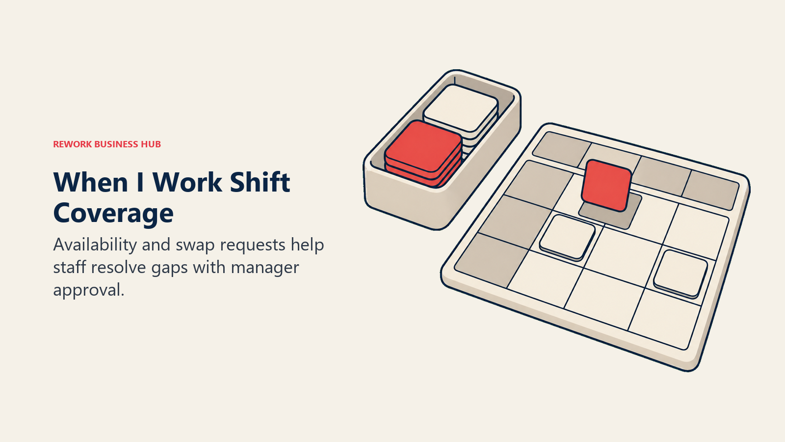 Cobertura de turnos de When I Work ilustrada con un cuadrante de mesa con un hueco vacío que recibe una ficha de turno coral desde una bandeja cercana de disponibilidad abierta