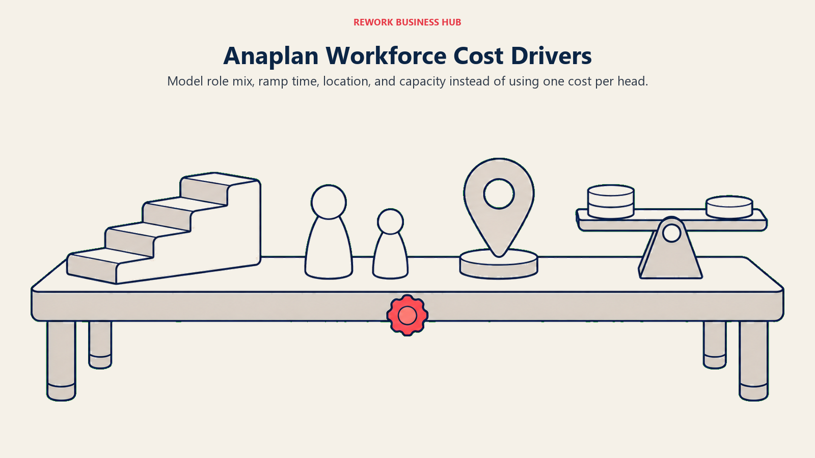 Variables de costo de la fuerza laboral de Anaplan ilustradas con un amplio y despejado banco de planificación con cuatro objetos ajustables distintos: una rampa escalonada, dos fichas de rol de distinto tamaño, un marcador de ubicación y una barra de equilibrio que sostiene unos pocos discos de costo en blanco