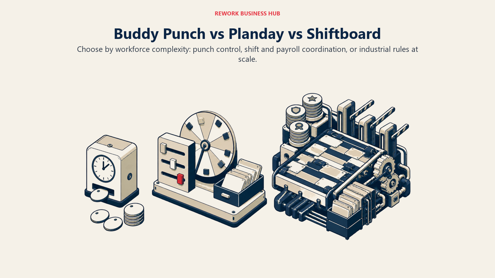 Three workforce scheduling stations for time-clock control, shift and payroll rules, and industrial workforce governance