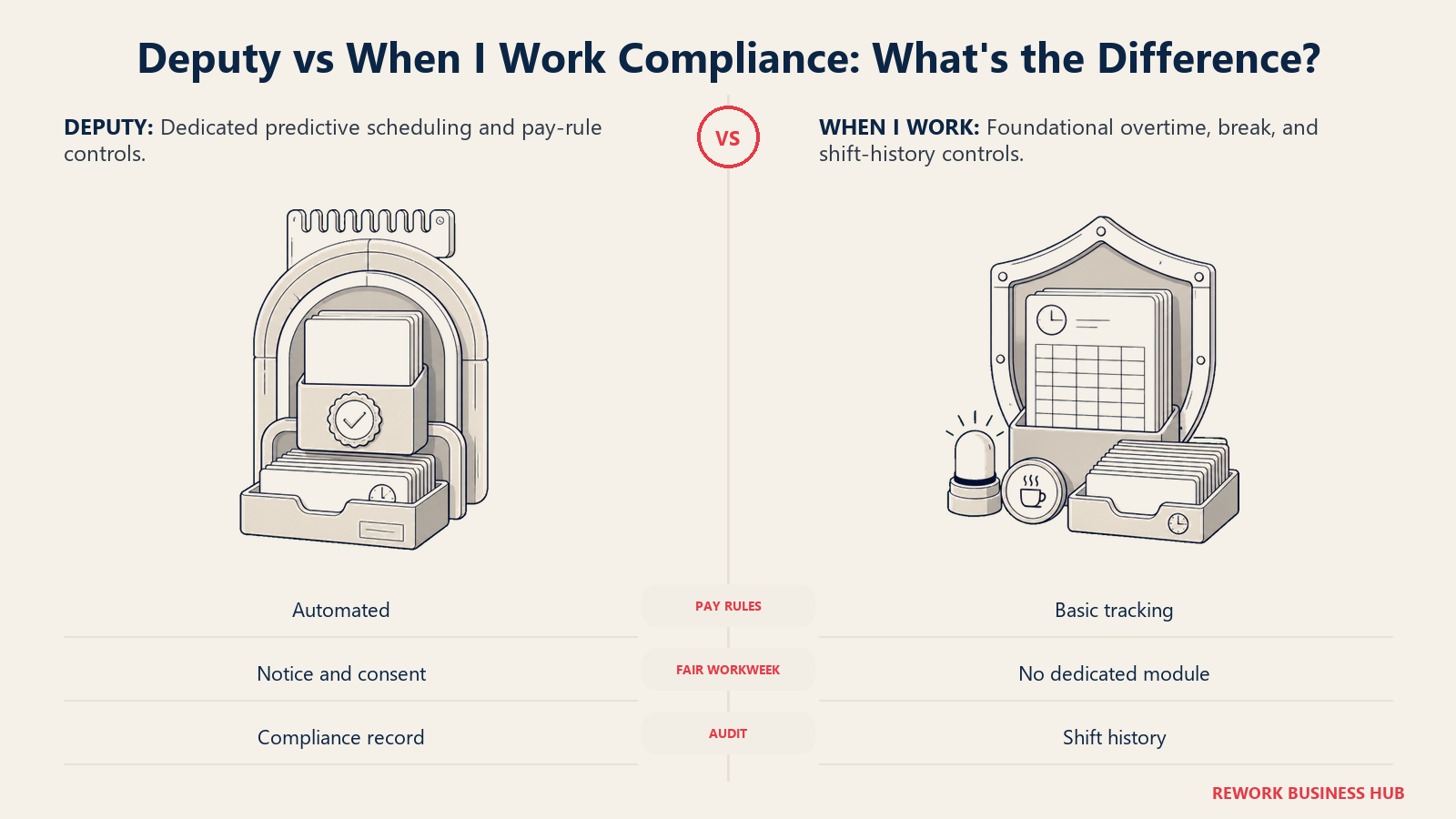 Deputy's layered predictive scheduling protection compared with When I Work's basic overtime and break guardrail