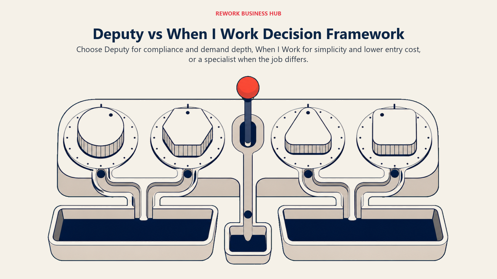 Deputy vs When I Work decision framework shown as compliance, demand, adoption, and budget dials feeding two main routes and a specialist chute