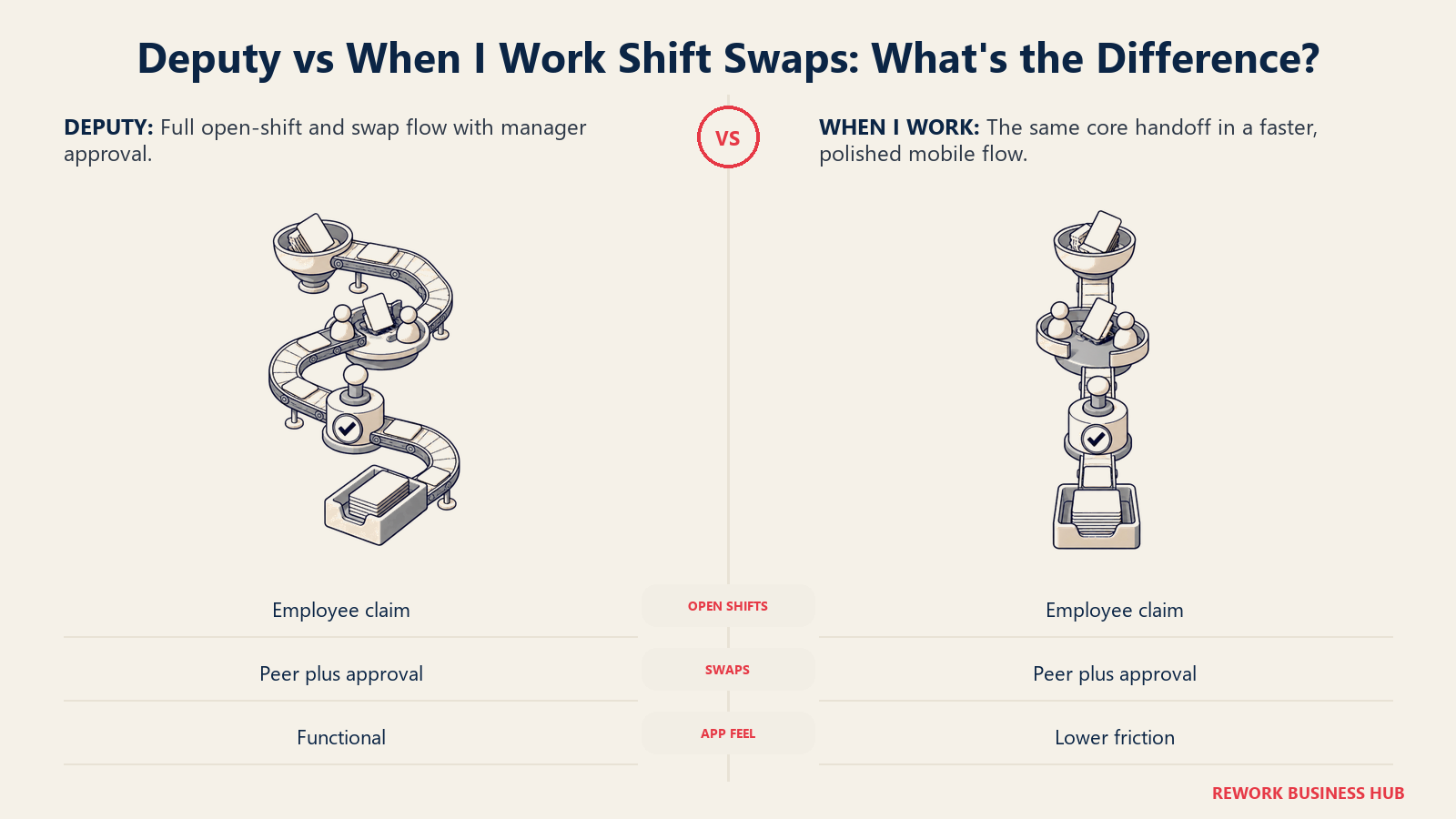 Deputy shift-swap approval relay compared with When I Work's shorter low-friction shift handoff loop