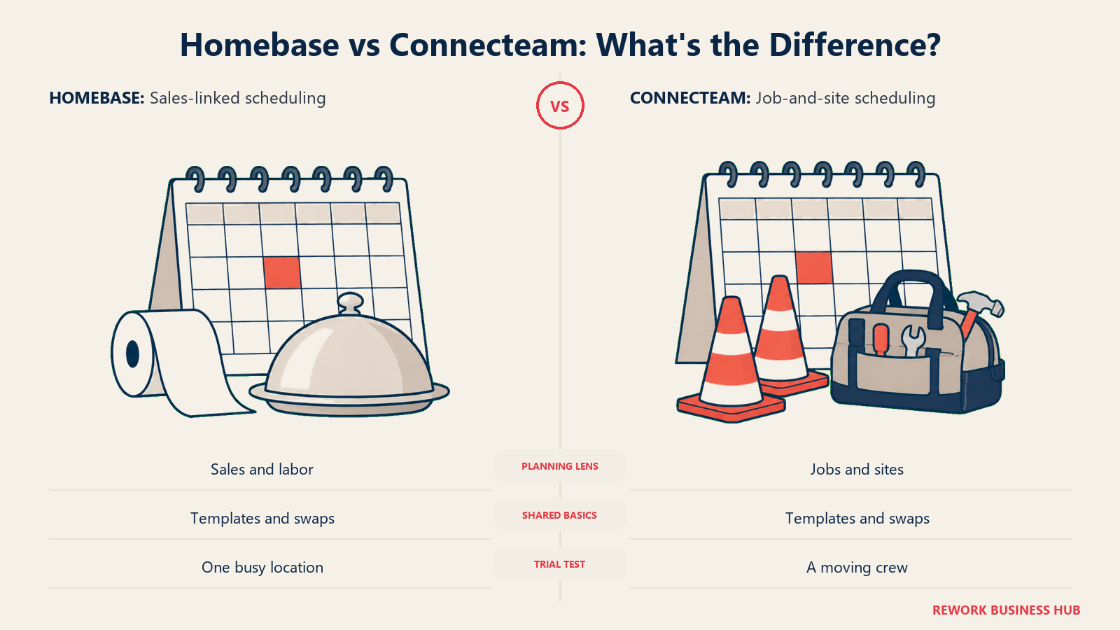 Homebase vs Connecteam: Penjadwalan digambarkan dengan dua meja kerja penjadwalan yang sepadan: di kiri kalender mingguan kosong di samping gulungan struk restoran dan tutup saji; di kanan kalender mingguan kosong di samping dua penanda lokasi kerja dan tas perkakas kecil